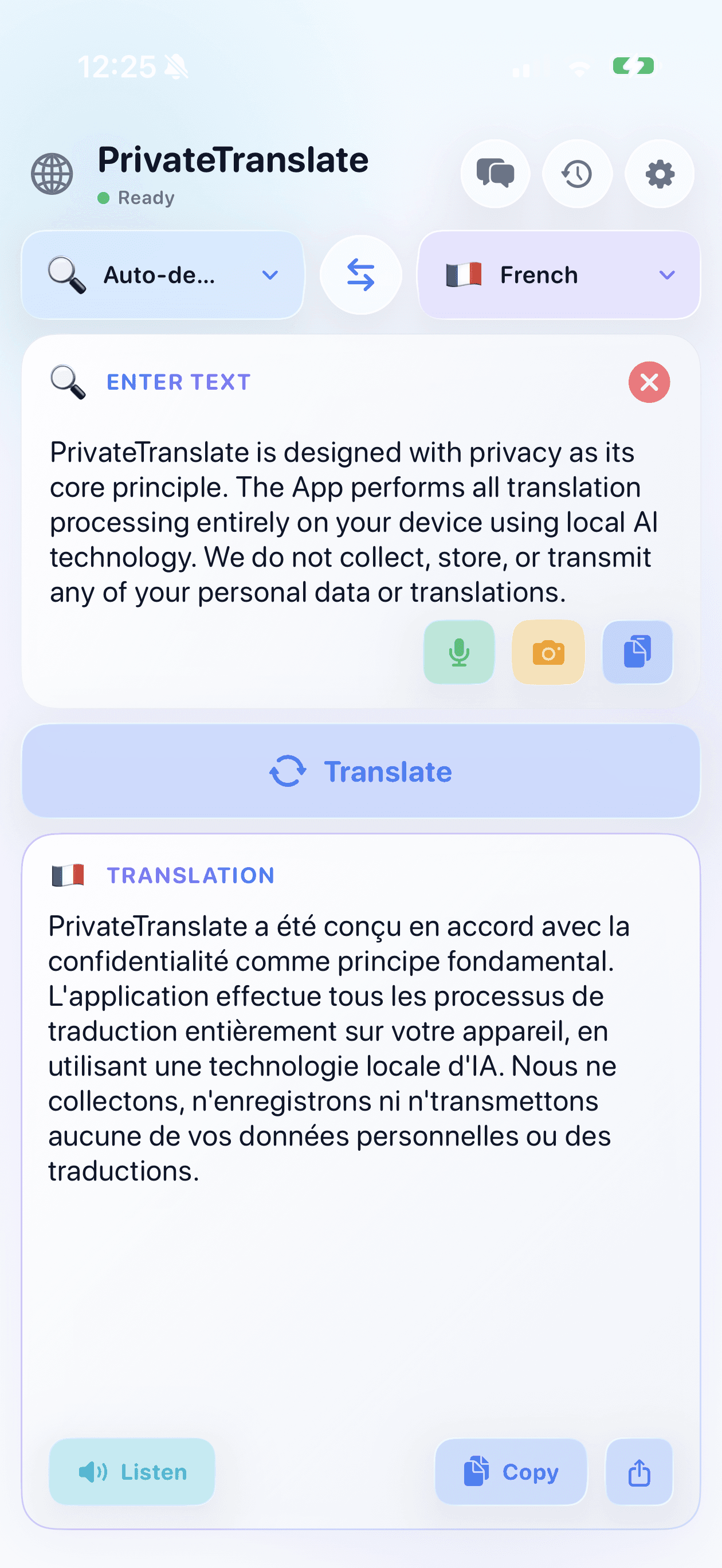 PrivateTranslate app translating English to French